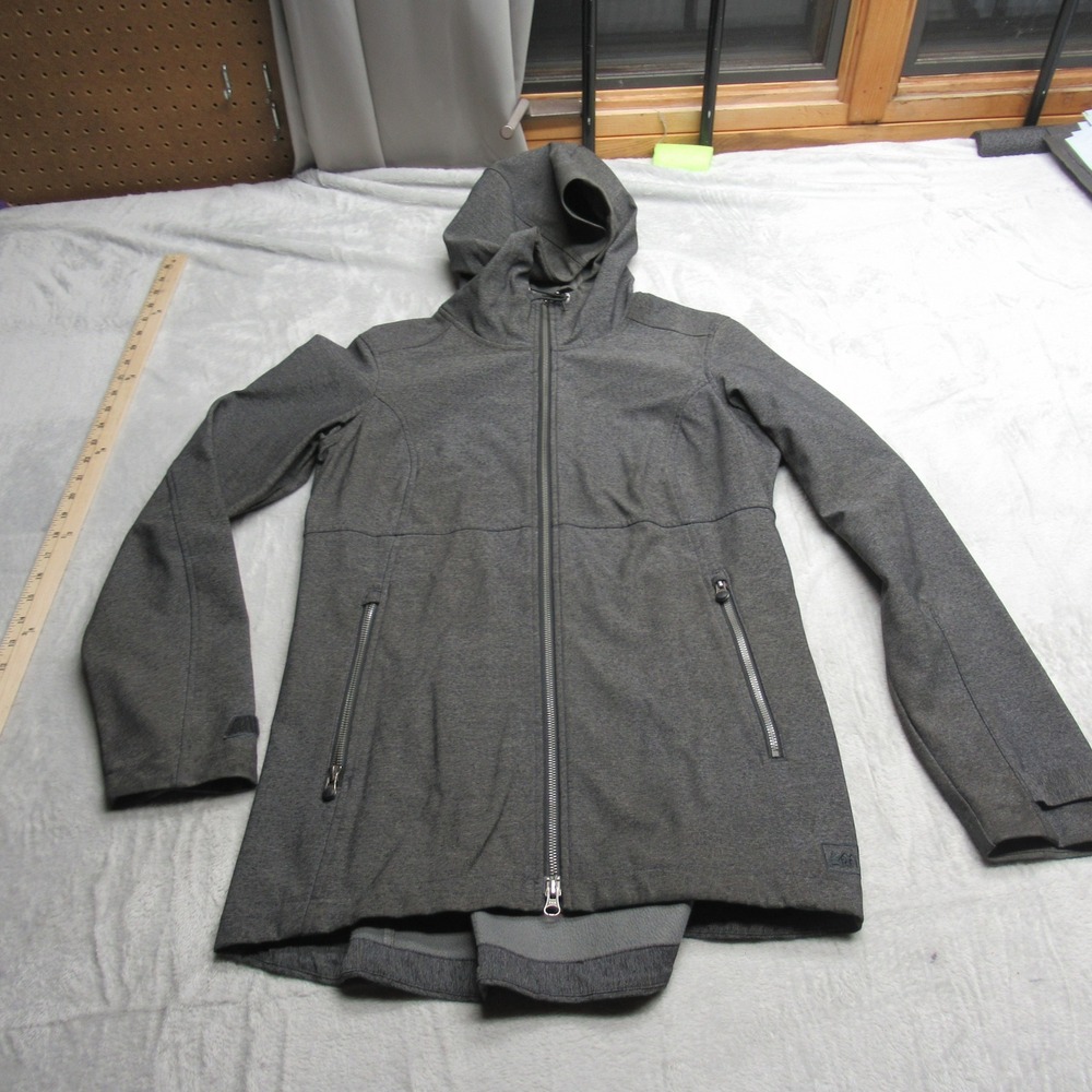 REI Jacket Womens Medium Gray Hooded Fleece Lined Softshell Full Zip Rain Wind